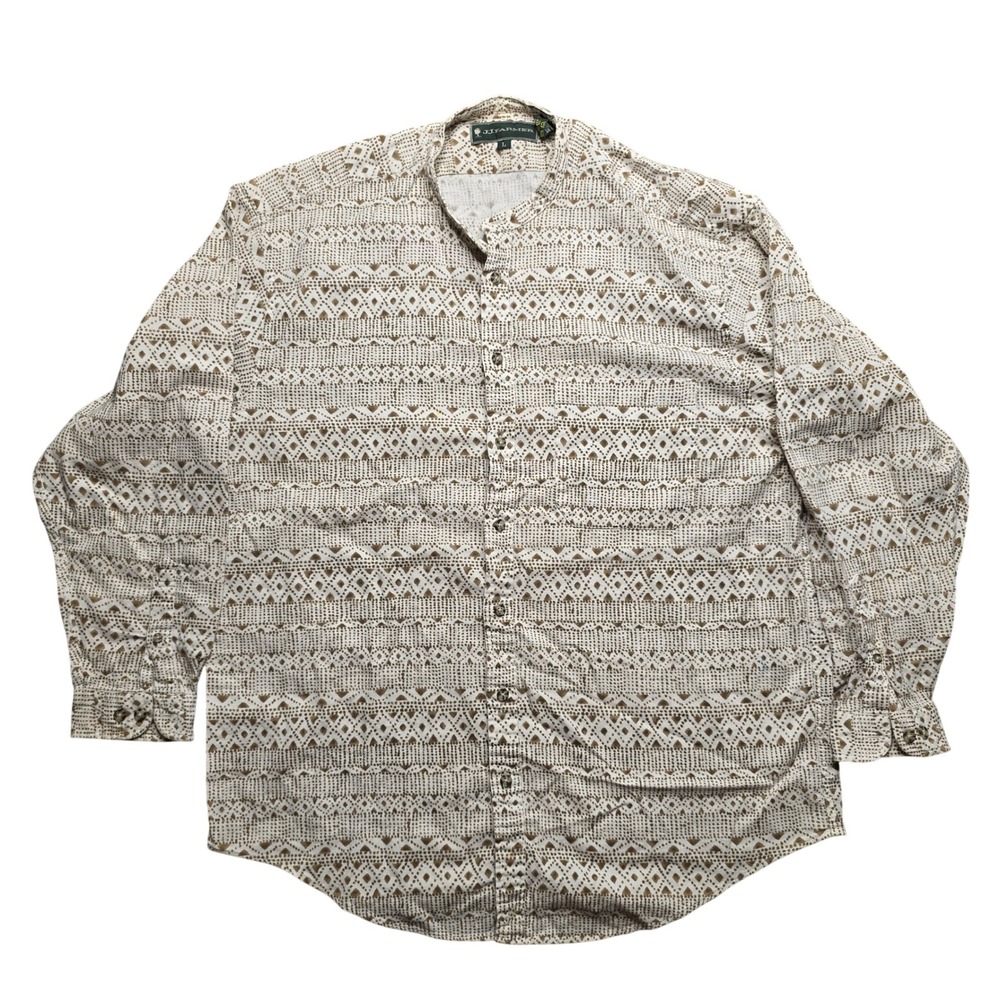 JJ Farmer Mens Large Cotton Linen Geometric Tribal Print Mandarin Collar Shirt